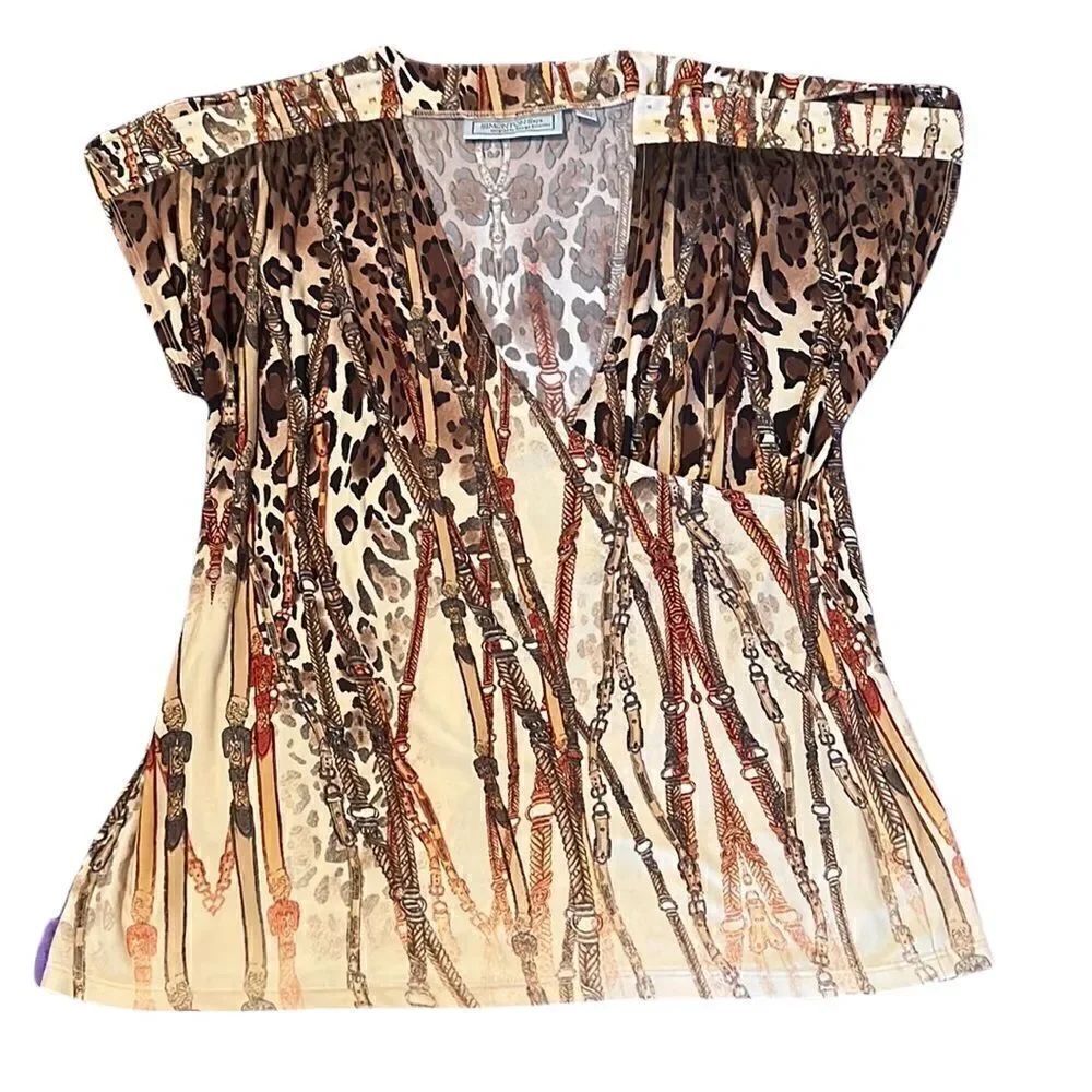 George Simonton szL brown print top buttons & bling at shoulder wrap front EUC